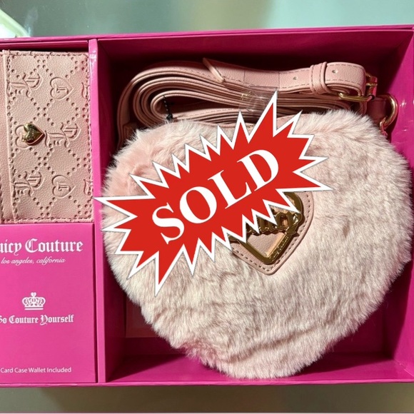 Juicy Couture Handbags - “SOLD” Juicy Couture Faux Fur Heart Crossbody Bag Taffy Pink Wallet Gift Set